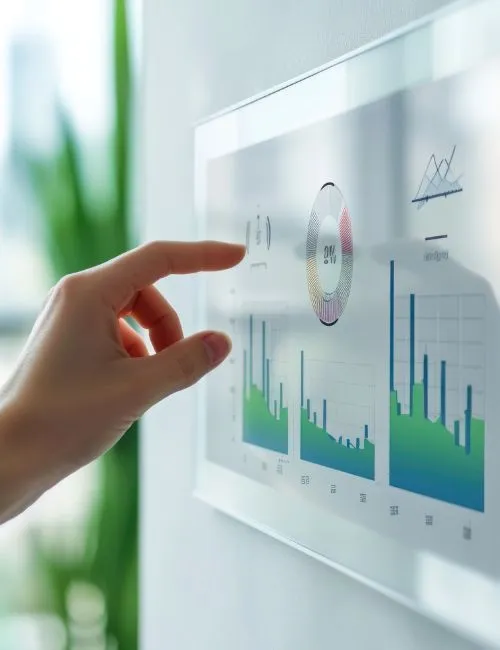 Image agrandie d'une main réglant un thermostat intelligent dans un bâtiment économe en énergie, graphiques montrant les économies d'énergie