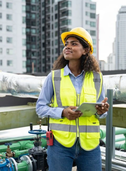 Service engineer woman dark skin wearing uniform and safety helmet under inspection and checking production process,HVAC system (Heating,Ventilation and Air Conditioning) on factory station by tablet.